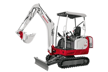 Rot-weißer Hybridbagger, Antrieb mit Dieselmotor alternativ Elektromotor.