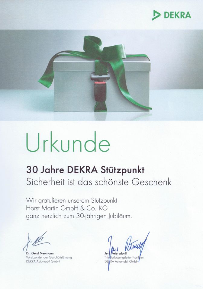 Urkunde DEKRA Bild Urkunde DEKRA 30 Jahre Stützpunkt